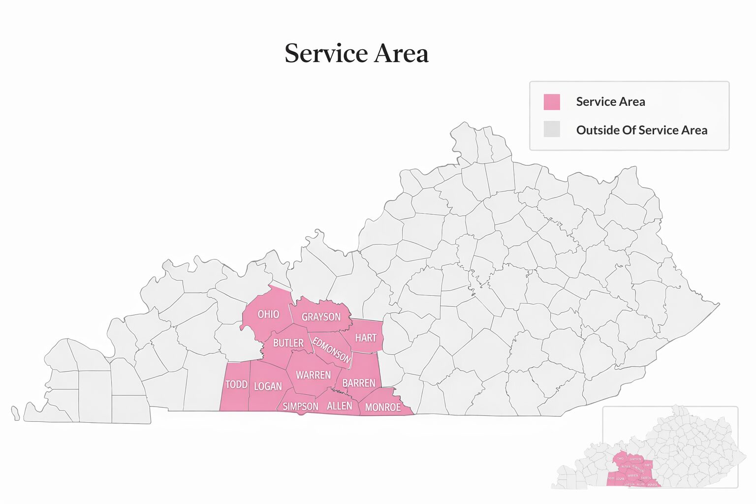 BW Appraisals service area map for South-Central Kentucky including Allen, Barren, Butler, Edmonson, Grayson, Hart, Logan, Monroe, Ohio, Simpson, Todd, and Warren counties